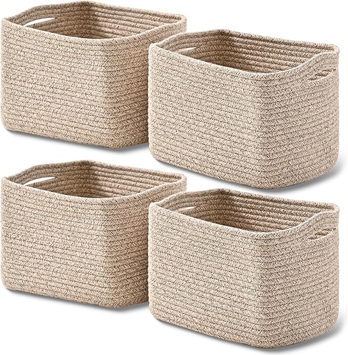 Small Storage Baskets for Shelves Organizing, Woven Cotton Rope Baskets for Storage, Book Basket, Decorative Shelf Basket, 12.5"Lx9.1''Wx7.9''H (4 Packs) Mixed Brown