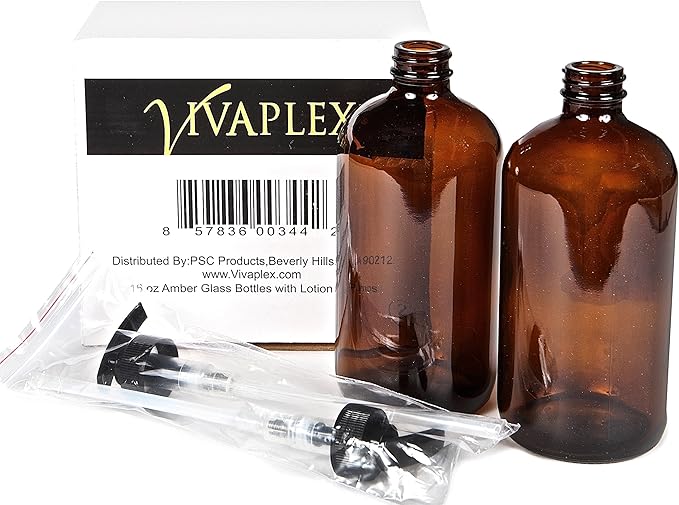 Vivaplex, 2, Large, 16 oz, Empty, Amber Glass Bottles with Black Lotion Pumps