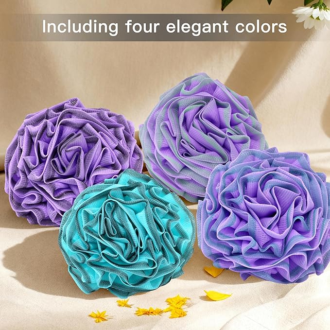 Loofah Sponge 70g, 6.3 Inch Large Exfoliating Bath Sponge, Soft Durable PE Mesh with Reinforced Knotting, Rich Lather Bath Scrubber for Body, for Travel or as a Holiday Gift (4Pack, Purple, Green)