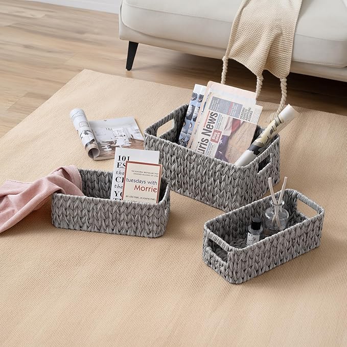 GRANNY SAYS Wicker Baskets for Organizing, Storage Baskets for Shelves, Small Baskets for Counter, Waterproof Storage Basket with Handles, Gray, 3-Pack