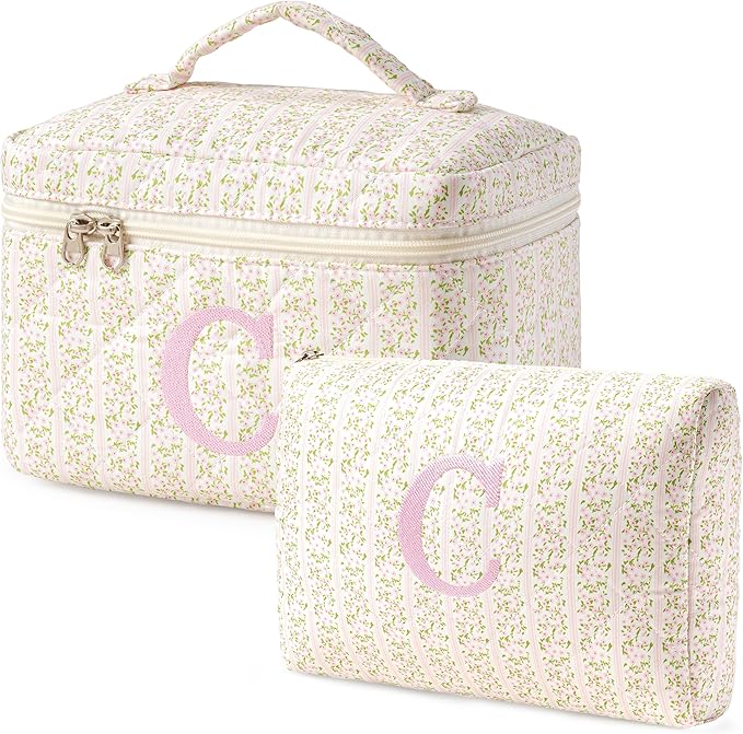 HBselect 2Pcs Initial Quilted Makeup Bag, Pink Cosmetic Travel Toiletry Bag, Flowers Coquette Zipper Make Up Pouch Organizer Teen Girl Gift Trendy Stuff C