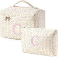 HBselect 2Pcs Initial Quilted Makeup Bag, Pink Cosmetic Travel Toiletry Bag, Flowers Coquette Zipper Make Up Pouch Organizer Teen Girl Gift Trendy Stuff C