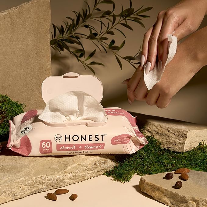 The Honest Company Nourish and Cleanse Naturally Scented Wipes, Cleansing Multi-Tasking, 99% Water, Plant Based, Hypoallergenic, Sweet Almond, 60 Count