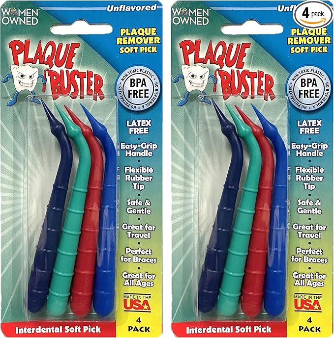 Plaque Buster (8 Count) Soft Interdental Pick, Gum Stimulator & Plaque Remover, Made in USA, for Oral Health and Healthy Gums, Multi-Colored