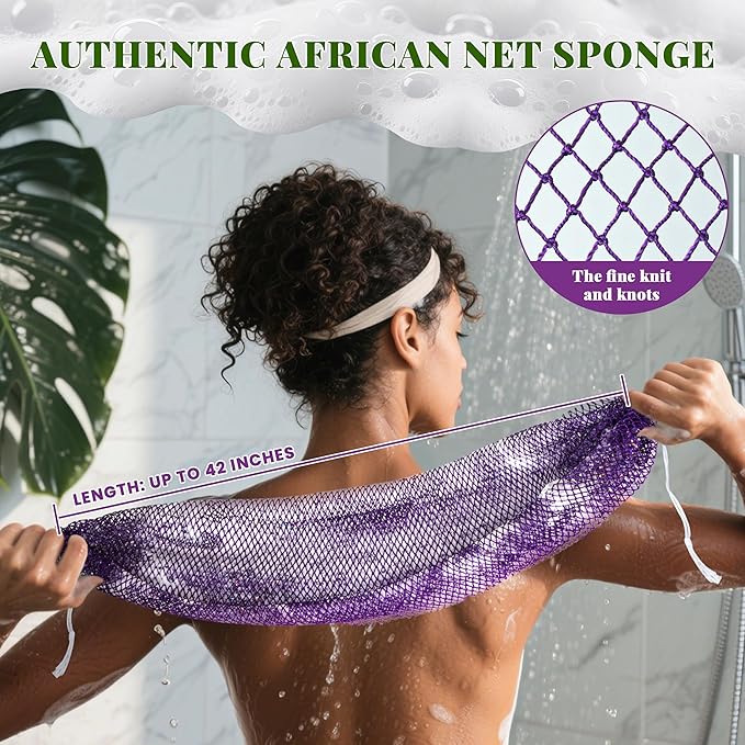 African Net Sponge Authentic, 3 Pieces Exfoliating Scrubber Bath Sponge for All Skin Types, Back Scrubber Loofah Washcloth for Shower, Gentle Exfoliation (Pink,Purple,Seawave)