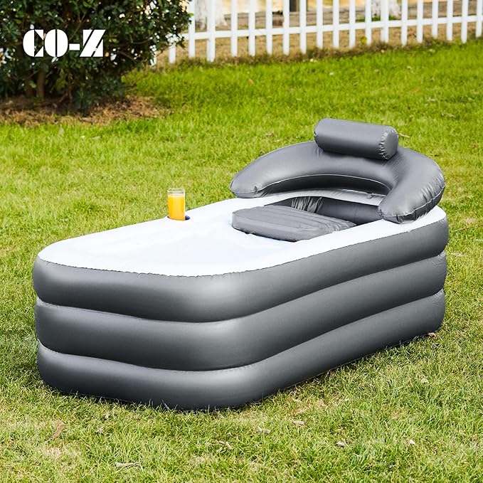 CO-Z Inflatable Bathtub With Electric Air Pump, Portable Tub With Blow Up Bath Pillow Cover, Drainage Cup Holder, Foldable Outdoor Freestanding Tub for Adults, Gray