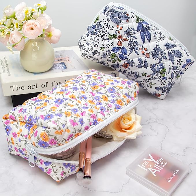 PAZIMIIK 2PCS SET Vintage Quilted Makeup Bag Cosmetic Pouch for Brushes Pencils and Travel Make Up Accessories for Women and Girls,Little flower