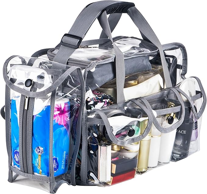 Wide Mouth Large Professional Clear PVC Travel Makeup Artist Set Bag Cosmetic Nails Beauty Bags Transparent Vinyl Tool Organizer Work Bag Beach Bags Diaper Bag with 6 External Pockets & Strap (Grey)