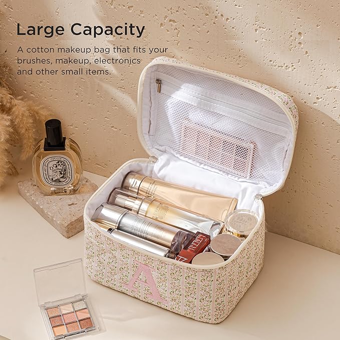 HBselect Initial Quilted Makeup Bag, Pink Cosmetic Travel Toiletry Bag, Flowers Coquette Zipper Make Up Pouch Organizer Teen Girl Gift Trendy Stuff K