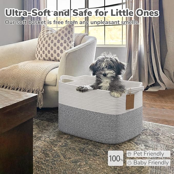 Goodpick Woven Storage Basket, Cotton Rope Baskets with Handles, Toy Baskets Storage Kids, Blanket Basket for Living Room, Bedroom, Gray and White, 18 x 14 x 12 Inches