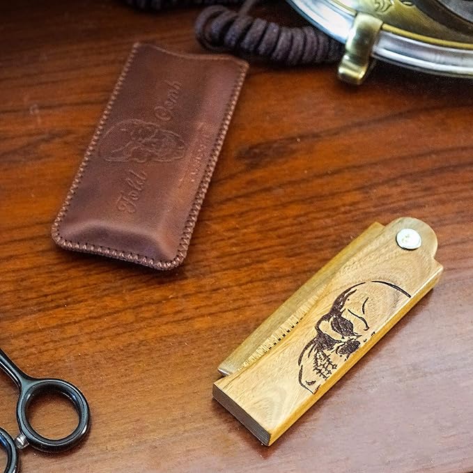 Men's Pocket Folding Wooden Beard Comb with Leather Travel Case,Green Sandalwood Hair Combs Set for Men (Skeleton)