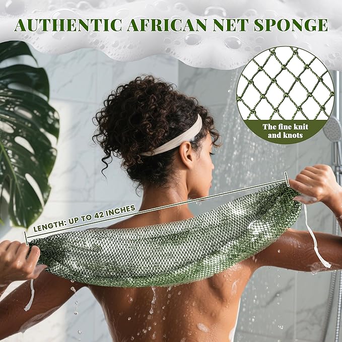 African Net Sponge Authentic, 3 Pieces Exfoliating Scrubber Bath Sponge for All Skin Types, Back Scrubber Loofah Washcloth for Shower, Gentle Exfoliation (Dark Green,Light Green,Pink)