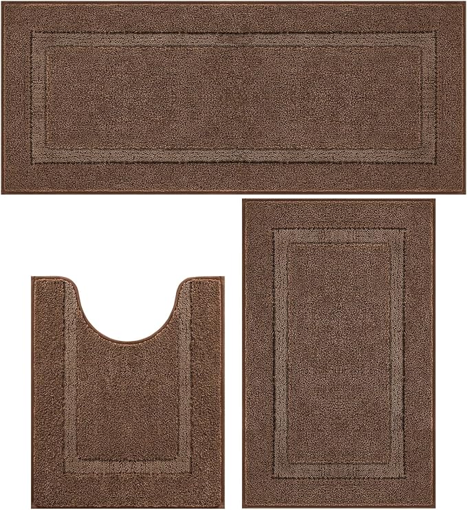SHACOS Soft Fluffy Bathroom Rugs Set of 3 Pieces with Runner U Shape Toilet Rugs Bath Mats Non Slip Washable Bath Rugs Absorbent Bathroom Carpet, Coffee Brown