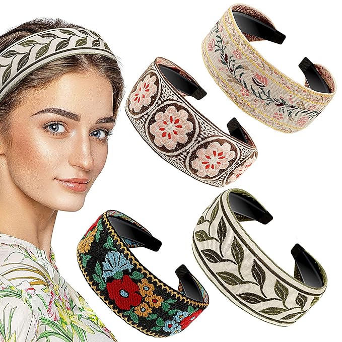 EBOOT 4 Pieces Boho Headband for Women Embroidery Wide Hair Band Bohemia Floral Knotted Wide Headbands Vintage Ethnic Style Girls Accessories(Classic Pattern)