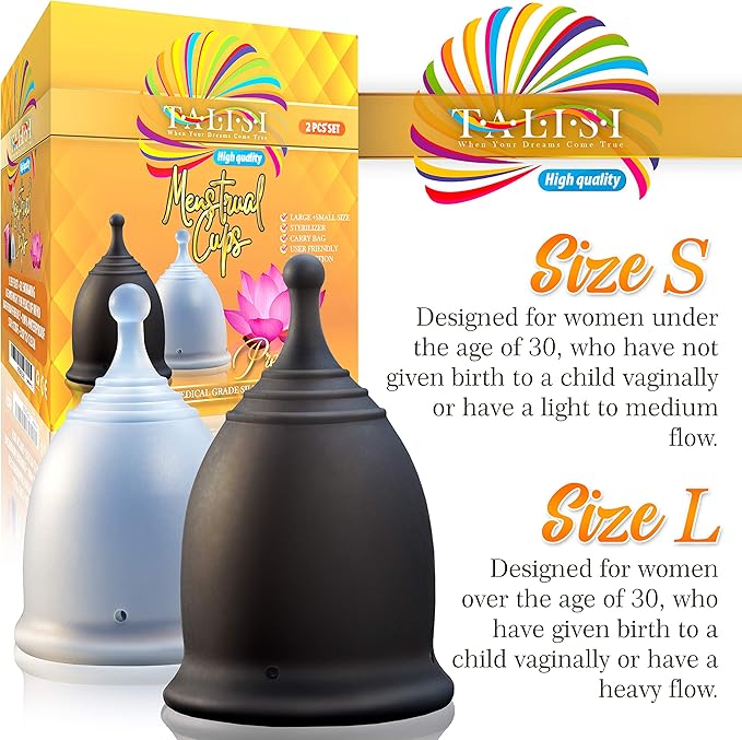 Talisi Menstrual Cups with Foldable Silicone Sterilizer - Soft Reusable Period Starter Kit - Feminine Menstruation Set - Alternative to Tampon Pad Disc - Light & Heavy Flow (Small & Large)