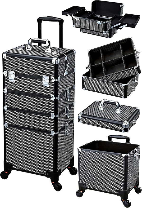 Costravio 5 in 1 Rolling Makeup Case on Wheels Large Cosmetology Case Organizer Beauty Cosmetic Train Case Travel Nail Cart for Make-up Studio Hair Salon, Black Rhinestone