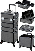 Costravio 5 in 1 Rolling Makeup Case on Wheels Large Cosmetology Case Organizer Beauty Cosmetic Train Case Travel Nail Cart for Make-up Studio Hair Salon, Black Rhinestone