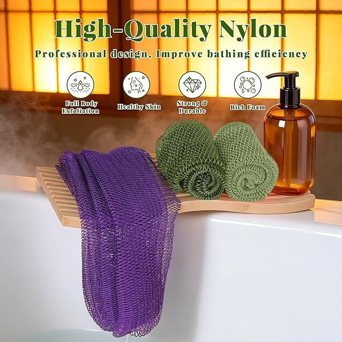 African Net Sponge Authentic, 3 Pieces Exfoliating Scrubber Bath Sponge for All Skin Types, Back Scrubber Loofah Washcloth for Shower, Gentle Exfoliation (Dark Green,Light Green,Purple)
