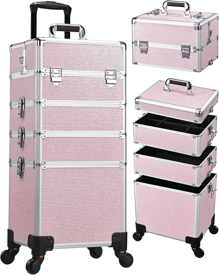 Costravio 5 in 1 Rolling Makeup Case on Wheels Large Cosmetology Case Organizer Beauty Cosmetic Train Case Travel Nail Cart for Make-up Studio Hair Salon, Pink Rhinestone