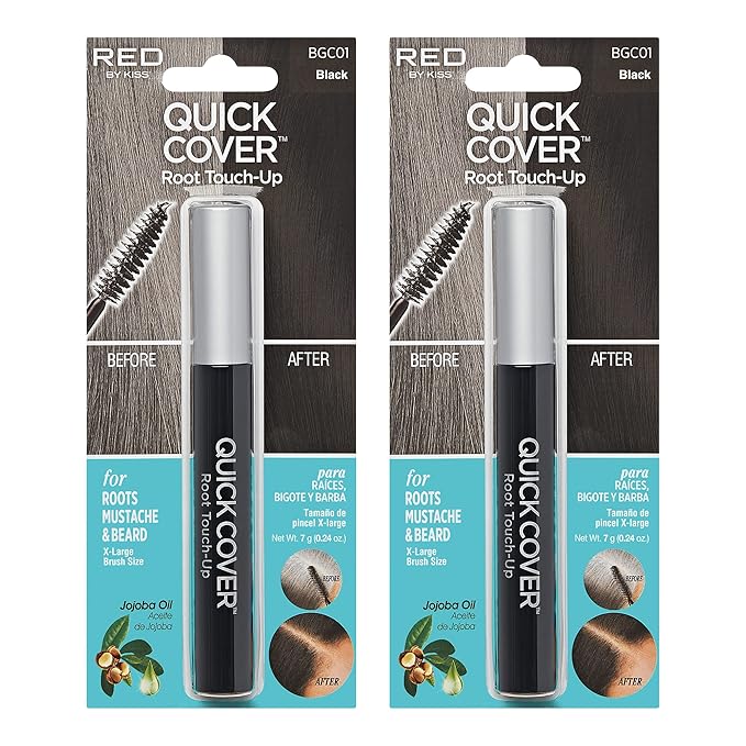 RED by KISS Quick Cover Root Touch Up Rescue (Black 2 Pack), Mascara Natural Water-Resistant Temporary Gray Concealer Cover Up Brush for Hair Mustache & Beard, Formulated with Jojoba Oil