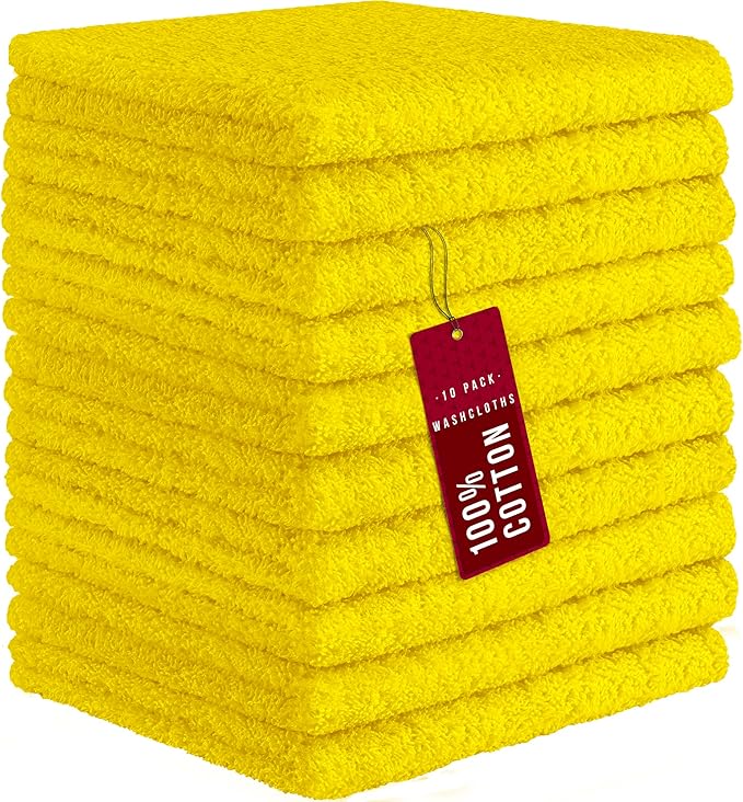 DecorRack 10 Pack 100% Cotton Wash Cloth, Luxurious Soft, 12 x 12 inch Ultra Absorbent, Machine Washable Washcloths, Yellow (10 Pack)