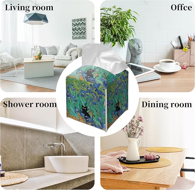 Grace Yonks Art Tissue Box Cover Square - Black Cat Among Irises Design 5.2" PU Leather Holder for Vanity, Desk, or Bathroom Counter - Cube Case for Facial Tissues. (121)
