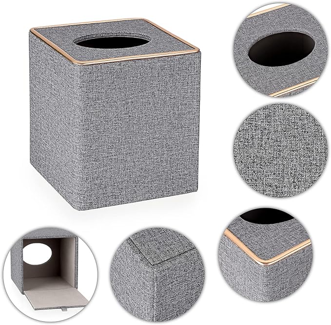 Sumnacon Square Linen Tissue Box Cover - Stylish Cube Tissue Box Holder with Magnetic Bottom, Decorative Tissue Box for Vanity Toilet Tank Dresser Night Stand Table Countertop Office Car, Grey