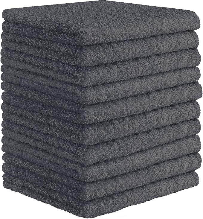 DecorRack 10 Pack 100% Cotton Wash Cloth, Luxurious Soft, 12 x 12 inch Ultra Absorbent, Machine Washable Washcloths, Gray (10 Pack)