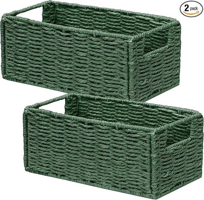 Vagusicc Wicker Storage Basket, Set of 2 Hand-Woven Paper Rope Wicker Basket, Small Storage Baskets for Organizing Toilet Paper, Foldable Small Cube Organizer Bins for Shelves and Bathroom (Green)
