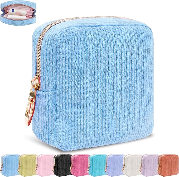 Period Bag for Girls, Corduroy Sanitary Napkin Storage Bag, Period Pouch & Tampon Holder, Feminine Care Organizer（Bule）