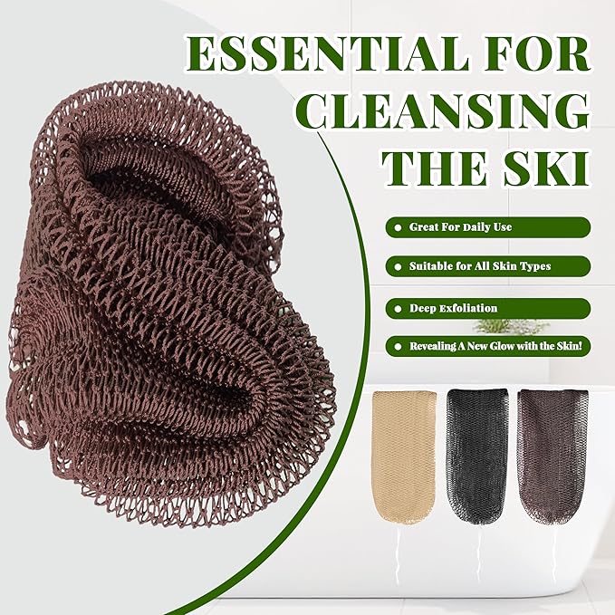 African Net Sponge Authentic, 3 Pieces Exfoliating Scrubber Bath Sponge for All Skin Types, Back Scrubber Loofah Washcloth for Shower, Gentle Exfoliation (Linen,Brown,Black)