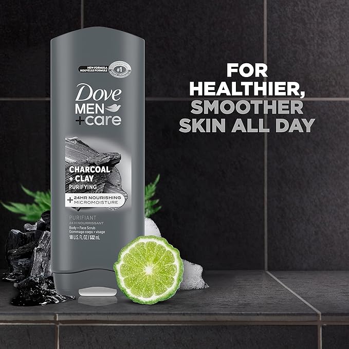 DOVE MEN + CARE Elements Body Wash Charcoal + Clay 4 Count For Men's Skin Care Effectively Washes Away Bacteria While Nourishing Your Skin, 18 oz