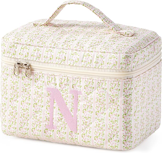 HBselect Initial Quilted Makeup Bag, Pink Cosmetic Travel Toiletry Bag, Flowers Coquette Zipper Make Up Pouch Organizer Teen Girl Gift Trendy Stuff N