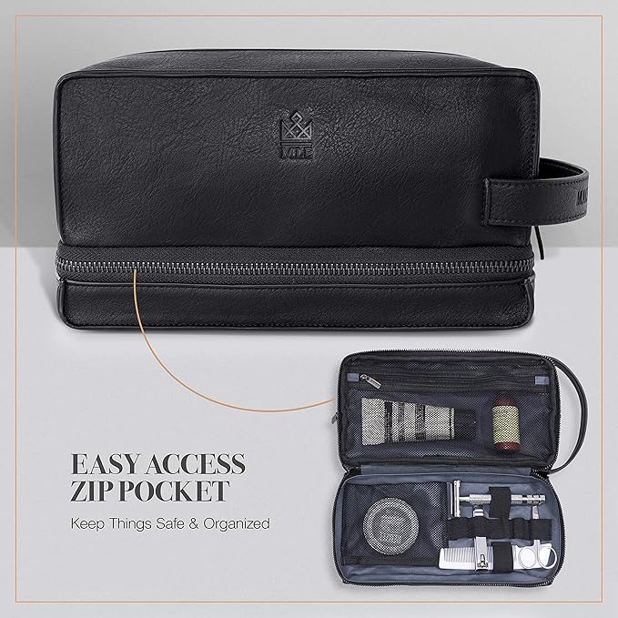 Mens Leather Toiletry Bag – Travel Dopp Kit, Shaving Bag, Grooming & Hygiene Organizer, Leather Toiletry Bag for Men, Gift for Him