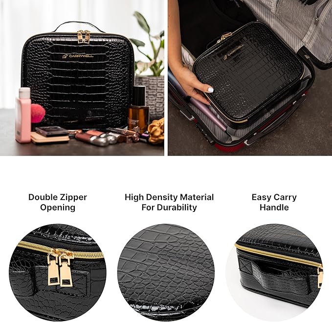 Carrywell Makeup Bag Travel Case, Not-Made In China, Hard Train Case for Cosmetics, Portable Beauty Artists Organizer, Storage Box With Adjustable Dividers For Make Up and Brushes, Small Crocodile