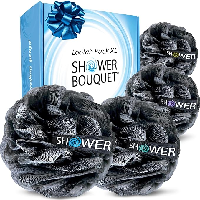 SHOWER BOUQUET Loofah-Charcoal Bath-Sponge-4-Pack // Extra-Large 75g Soft Mesh Black Loofa Lufa Loufa Luffa Puff Set/Exfoliating Body Scrubber for Women and Men - Exfoliate & Soothe Face & Body