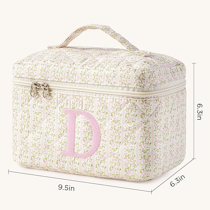HBselect Initial Quilted Makeup Bag, Pink Cosmetic Travel Toiletry Bag, Flowers Coquette Zipper Make Up Pouch Organizer Teen Girl Gift Trendy Stuff D