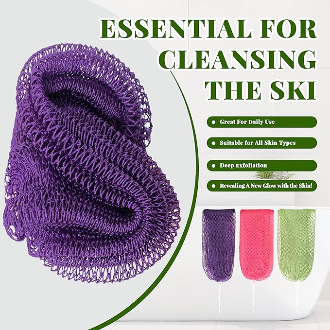 African Net Sponge Authentic, 3 Pieces Exfoliating Scrubber Bath Sponge for All Skin Types, Back Scrubber Loofah Washcloth for Shower, Gentle Exfoliation, Gift 1 Travel Bag (Purple, Pink, Light Green)