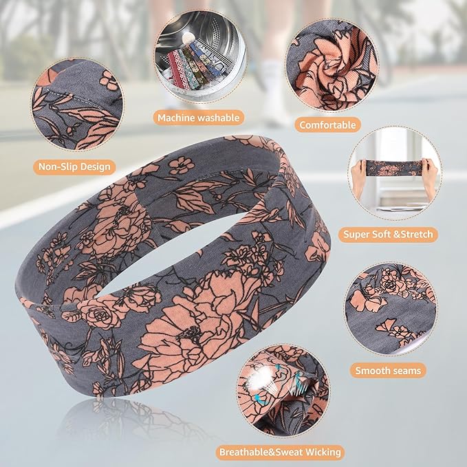 Headbands for Women, Stretchy Non Slip Soft Cotton Cloth Hair Bands for Sports, Workout, Yoga and Running, 7pcs