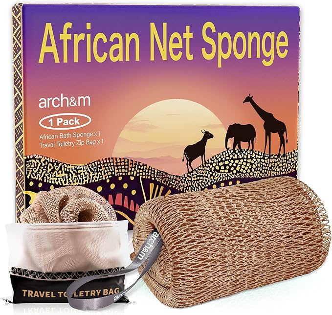 ARCH&M Afroscrub African Net Sponge - Authentic African Wash Cloths Exfoliating Body Sponges for Showering Daily Use Back Scrubber Exfoliator Shower Loofah for Body Bath Accessories Champagne