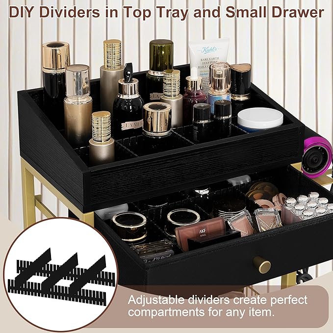 Large Makeup Cart with Detachable Hair Tool Organizer, Floor Makeup Organizer with 3 Drawers and Wheels, Cosmetic Display Cases Holder for Skin Care Perfume Nail Polish,Modern Gold & Black