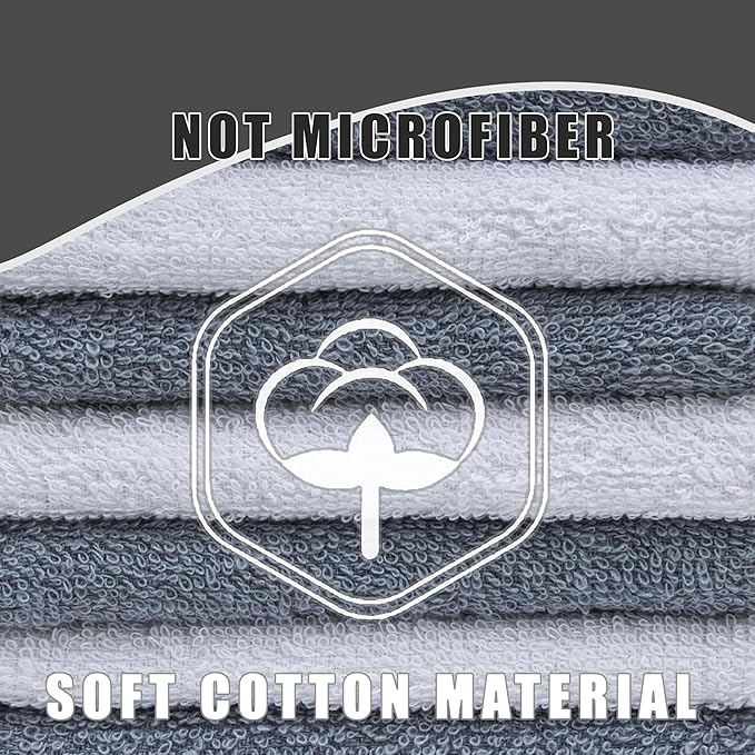 Terry Washcloths – 12x12 Inches – Pack of 10 – Grey & White – Highly Absorbent, Soft Feel and Multipurpose Cotton Wash Cloths for Everyday Use