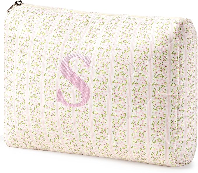 HBselect Initial Quilted Makeup Bag, Pink Cosmetic Travel Toiletry Bag, Flowers Coquette Zipper Make Up Pouch Organizer Teen Girl Gift Trendy Stuff S