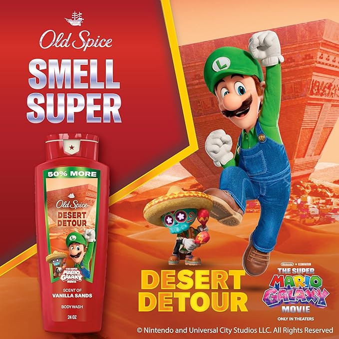 Old Spice Body & Face Wash for Men, x The Super Mario Galaxy Movie, 3X Defense, 24/7 Shower Fresh with Long Lasting Scent, Smell Super with Desert Detour, Vanilla Sands Scent, 24 oz