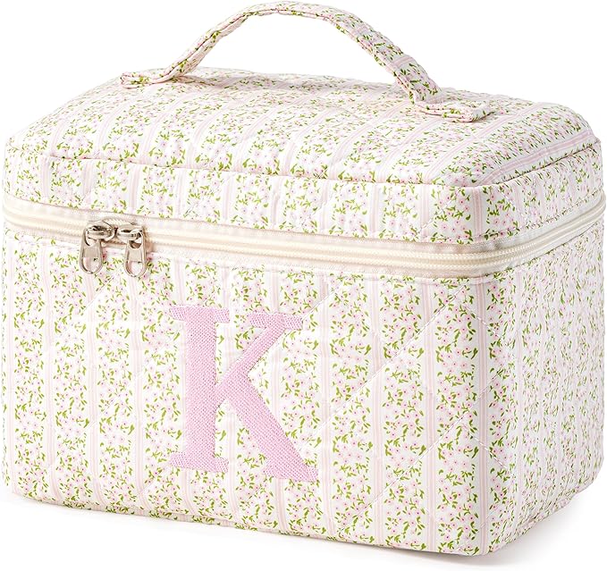 HBselect Initial Quilted Makeup Bag, Pink Cosmetic Travel Toiletry Bag, Flowers Coquette Zipper Make Up Pouch Organizer Teen Girl Gift Trendy Stuff K