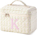 HBselect Initial Quilted Makeup Bag, Pink Cosmetic Travel Toiletry Bag, Flowers Coquette Zipper Make Up Pouch Organizer Teen Girl Gift Trendy Stuff K