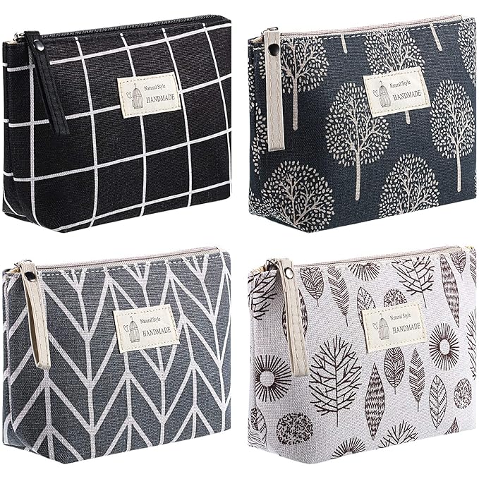 Boao 4 Pieces Canvas Makeup Bags Set Small Cosmetic Pouches for Purse with Zipper Multi Functional Toiletry Travel Case Organizer for Women Gift, 4 Styles(Small,Arrow, Plaid, Tree, Leave)