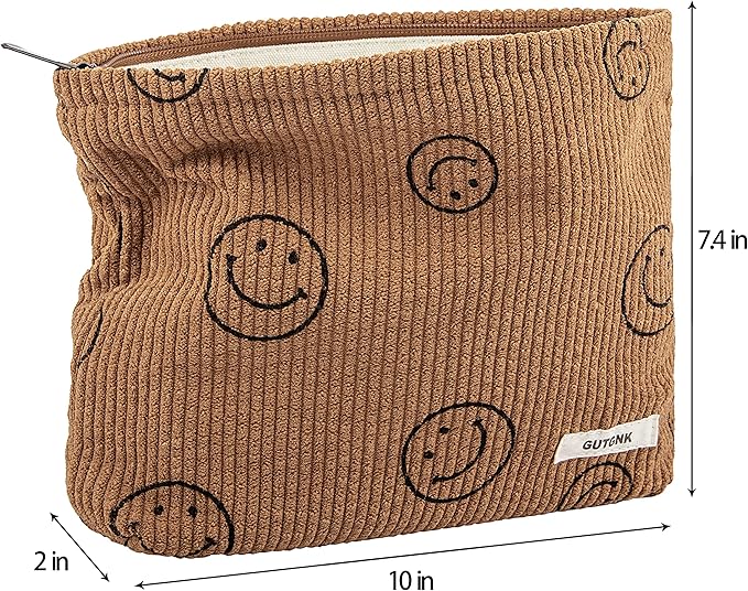 GUTGNK Makeup bag for Women, Corduroy Cosmetic Bag Aesthetic Design Ladies Tote Bag,Cute Smiley Face Makeup Organizer with Zipper - Brown