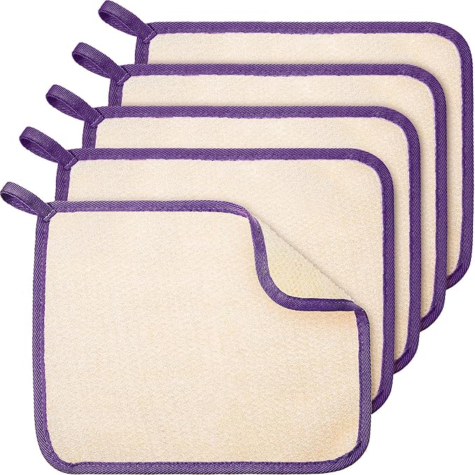 Tatuo 5 Pcs Exfoliating Face and Body Wash Cloths Towel Weave Bath Exfoliating Scrub Massage Bath Cloth for Women and Men, 10.63 x 9.05 Inch (Purple Edge)