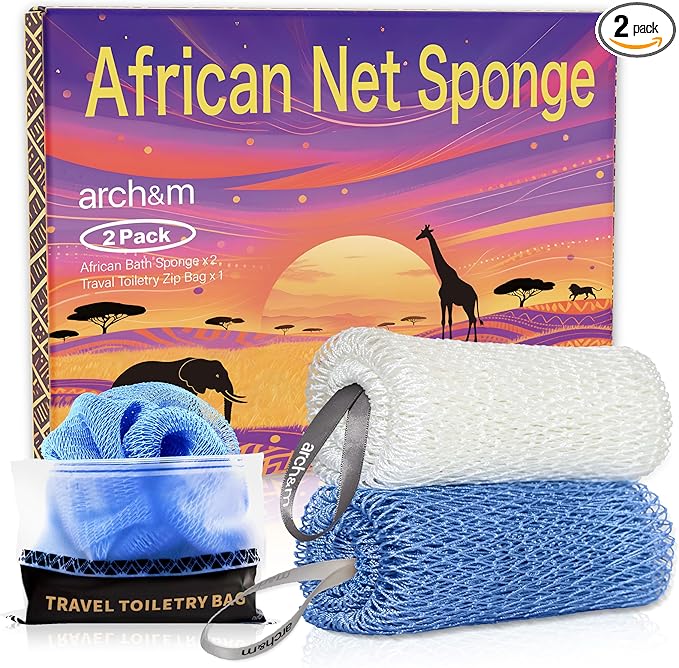 African Net Sponge Afro Scrub - Authentic African Wash Cloths Exfoliating Body Sponges for Showering Back Scrubber Exfoliator Shower Loofah for Body Care Bath Accessories Off White + Sky Blue ARCH&M